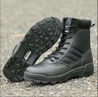 Bottes de randonnée tactiques mi-montantes en cuir noir avec embout en acier pour hommes et femmes