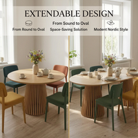 Table à manger extensible de style Japandi avec base à piétement nervuré, ensemble de table de cuisine moderne de luxe en MDF avec chaises rembourrées pour 6 à 8 personnes
