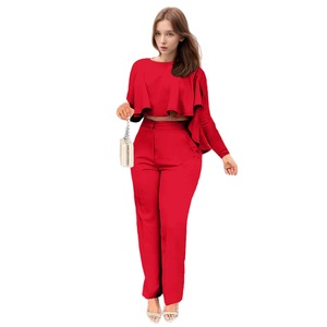 Ensemble deux pièces pour femmes, pantalon droit asymétrique à volants de couleur unie, tenue tendance - Product Image 3