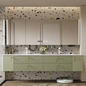 High end villa customized rock slab hot bending integrated double basin intelligent lighting defogging <b>mirror</b> bathroom cabinet - Product Image 3
