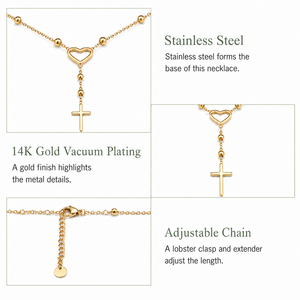 Collier en Y avec pendentif croix cœur perlé en acier inoxydable plaqué or 14K sous vide, chaîne réglable, tons or et argent - Product Image 4