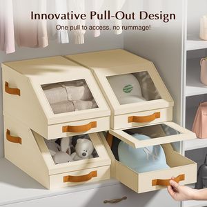 <strong>Beige</strong> Breathable Fabric Baseball Cap Organizer 2PCS Stackable <strong>Storage</strong> <strong>Box</strong> Clear Lid Flip-Top Access Space-Saving <strong>Box</strong> - Product Image 2