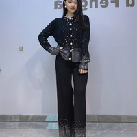 Transfrontalier européen américain femmes mode décontracté à manches longues Cardigan strass pantalon large costume ensemble femmes