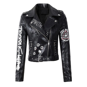 Fashion Women Studded Rivet Floral PU Leather Motorcycle <b>Jacket</b> Biker <b>Punk</b> Outerwear Black Spring Winter Windproof Waterproof - Product Image 1