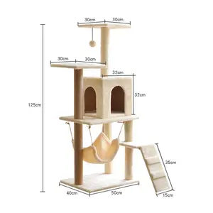 屋内猫用の取り外し可能なハンモックサイザル麻スクラッチポストキャットツリー付きフランネルキャットツリーコンドミニアム