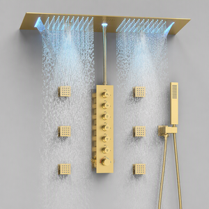 Système de douche LED mural HONGDEC en laiton brossé doré non revêtu avec télécommande, jets de corps et <span class=keywords><strong>douchette</strong></span> à main – Ensemble complet - Product Image 1