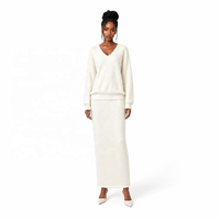 Ensemble pull tricoté deux pièces col en V oversize et jupe longue côtelée pour femme, automne-hiver, vente en gros ODM
