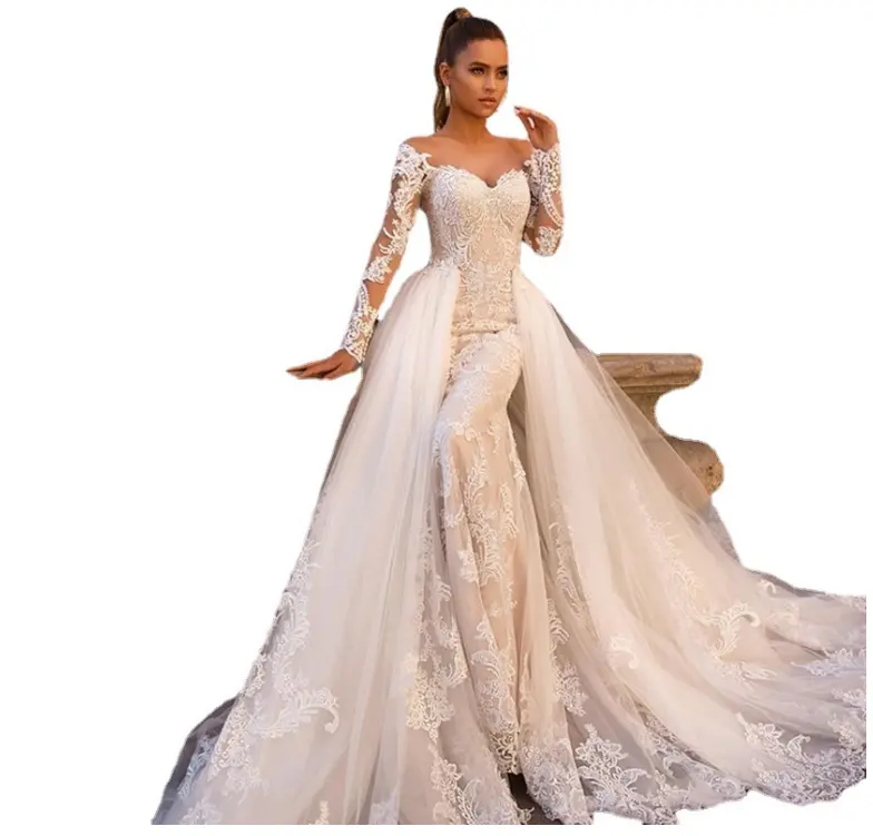 Nuovo stile abito da sposa a maniche lunghe da sposa a coda di pesce grande viaggio senza schienale piccolo completo in due pezzi sottile in filo morbido