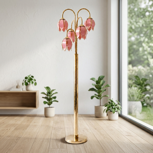 Lámpara de Pie con Forma de Tulipán Rosa, Pantalla de Cristal, Base de Metal, Luz LED Decorativa Ajustable para Dormitorio o Sala de Estar - Product Image 4