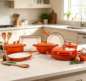 Batterie de cuisine en fonte émaillée 7 pièces, compatible four, avec faitout, poêle, grill, plat à four et ustensiles de cuisson, pour cuisinières à induction et à gaz - Product Image 3