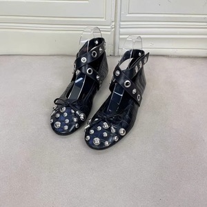 French Black <b>Bow</b> Rivet Ballet Flats, Round Toe Cross Strap European Shallow Mouth Mary Jane Shoes For Women Daily Wear - Product Image 4