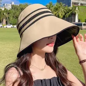 夏季女帽可调节宽边防紫外线沙滩帽透气可折叠巴拿马帽马尾辫帽