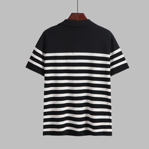 Người đàn ông của mùa hè phong cách Boxy phù hợp với Varsity áo len màu đen với dòng trắng một nửa thiết kế hàng dệt kim cho trang phục giản dị - Product Image 2