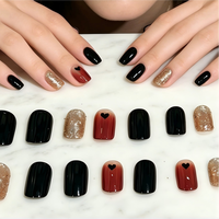 Vente en gros de faux ongles courts carrés en ABS réutilisables, personnalisés, noirs et rouges en forme de cœur
