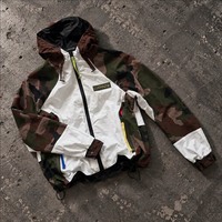 Veste coupe-vent à capuche camouflage blanc personnalisée, fermeture éclair, panneau contrastant, veste utilitaire décontractée pour homme, streetwear