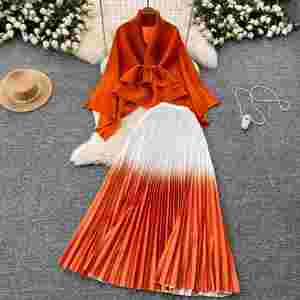 Ensembles décontractés d'automne pour femmes : Tunique à nouer et jupe plissée dégradée taille haute – Vêtements américains en gros - Product Image 3