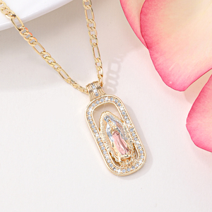 Collar con Colgante <span class=keywords><strong>de</strong></span> <span class=keywords><strong>la</strong></span> <span class=keywords><strong>Virgen</strong></span> <span class=keywords><strong>de</strong></span> Guadalupe, Cadena con Eslabones, Chapado en <span class=keywords><strong>Oro</strong></span> <span class=keywords><strong>de</strong></span> 14k, Zirconia, Romántico, Religioso, Unisex, Latón - Product Image 1