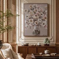 Cadre personnalisé, grande taille, peinture acrylique faite à la main, toile incrustée de pierres naturelles, vase et fleurs, peinture murale blanche et rouge