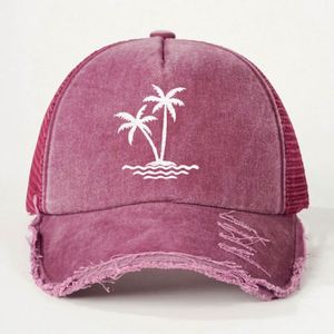 Gorra trucker de verano para exteriores con protección solar, bordado de árbol de coco, tela de malla lavada de alta calidad, gorra trucker desgastada - Product Image 4