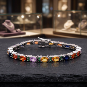 925 Sterling <b>Silver</b> Classic Multi Sapphire Oval Gemstone Tennis <b>Bracelet</b> Handmade Fine Wedding Jewelry Gift Party Unisex - Product Image 3