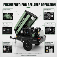 Compresseur d'air à vis diesel portable Sullair 185 CFM monté sur remorque pour travaux de construction, forage, sablage et travaux utilitaires