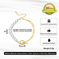 GPB06 Chaîne à maillons Figaro demi-or 14K fait main en argent 925 taillé de diamants et bracelet de perles baroques demi-irrégulières