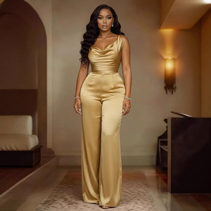 <span class=keywords><strong>Combinaison</strong></span> en satin or champagne BR6601 sans manches, col swing, taille haute, <span class=keywords><strong>pantalon</strong></span> large pour femmes - Product Image 1