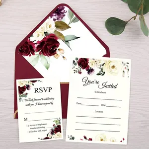 Juego de tarjetas de invitación de boda de lujo elegante flor roja con sobre personalizado disponible