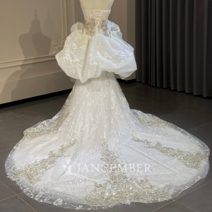 Robe de mariée sirène élégante blanche à col montant, ornée de cristaux argentés et de perles, avec manches bouffantes surdimensionnées, modèle Xs323 Jancember - Product Image 4