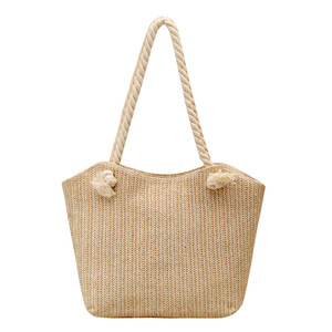 Sac à bandoulière pliable grande capacité, nouveau modèle, en paille, fourre-tout tendance avec fermeture éclair pour femme - PLAYMAX Plage et Extérieur - Product Image 6