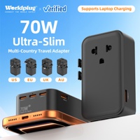 Adaptateur de voyage universel Worldplug multi-pays GaN 70W ultra fin, chargeur rapide international, adaptateur de prise de voyage universel