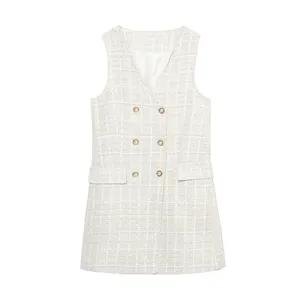V neck double breasted beige color plaid pattern hot sale casual fashion vest waistcoat for women