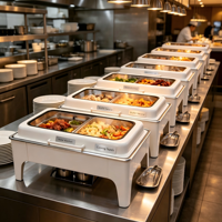 Chauffe-Plat Buffet en Acier Inoxydable 9L avec Couvercle en Verre, Motif Marbre 3D par Transfert d'Eau, Économe en Énergie, pour Hôtels