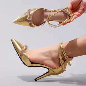 Zapatos de Tacón Alto Dorados Metálicos para Mujer, Modelo 2026, con Lazo, Punta en Pico, Satinados, para Verano y Otoño, Estilo Lujoso - Product Image 4