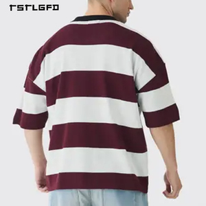 Camiseta Personalizada de Manga Corta para Hombre, Cuello en V, Hombros Caídos, Estilo Oversize, Cuello Polo, Rayas, Streetwear, OEM, ODM, Envío Rápido - Product Image 3
