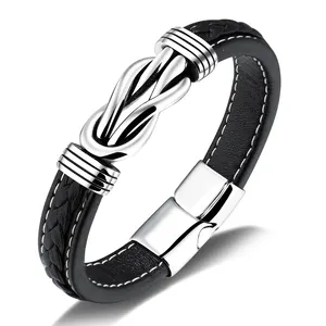 2024 migliore vendita all'ingrosso in acciaio inox chiusura magnetica Charm fatti a mano intrecciato in pelle nera braccialetti per gli uomini regalo