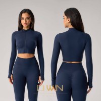Mujer de manga larga deportes Yoga otoño primavera recortada Top con capucha Slim Fit cintura ceñida transpirable patrón cremallera chaqueta
