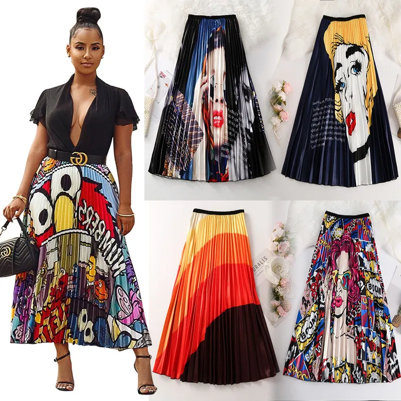 Brand Summer Pleated Skirts Womens Fashion European Cartoon Print Mid-Calf High Waisted Quality Skirt Jupe Femme