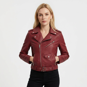 Veste de motard en similicuir tricoté pour femme, fermeture éclair rouge, coupe-vent, vêtement d'extérieur d'hiver - Product Image 1