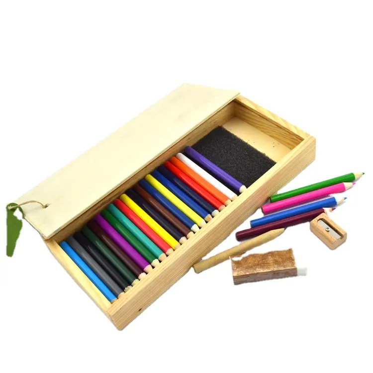 Logo kustom set pensil warna 24 buah seniman kayu hadiah alat tulis pelajar ramah lingkungan dengan kotak laci kayu