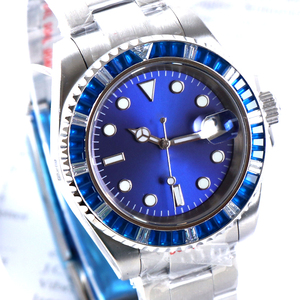 Montre mécanique automatique NH35 sans logo, personnalisée, avec cadran serti de diamants, submersible, bleue, étanche 10 bars, montre-bracelet de luxe pour homme - Product Image 1