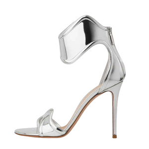 Zapatos de tacón alto para mujer con cremallera trasera, sandalias metálicas de charol con punta abierta y tira única en el tobillo - Product Image 3