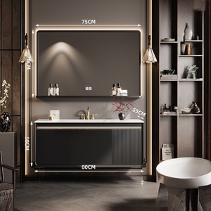 French retro luxury stone slab hot bending integrated basin intelligent mirror wall hanging bathroom cabinet - Product Image 2