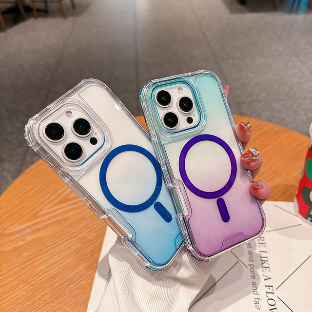 For iPhone 16 Pro Max 15 14 Plus 13 12 Pro 11 Cover 3in1 Magnetic Phone case Gradient Color TPU Transparent PC Anti-fall