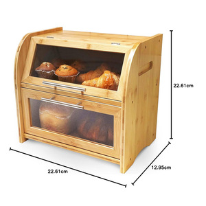 Bamboo Bread <b>Box</b> Double Layer With <b>Glass</b> Door Kitchen Storage For Bread And Desserts Freshness Preservation - Product Image 5