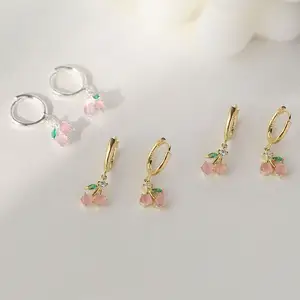 925 argent doux mignon boucle d'oreille enfants rose cerise boucles d'oreilles en pierre