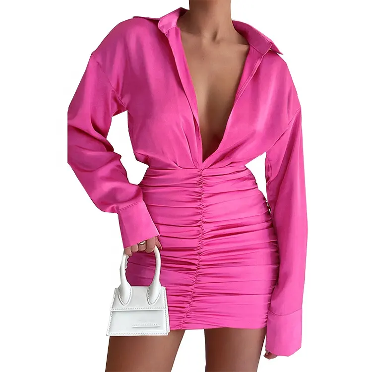 2022 Trendy Long Sleeve Shirt Dress Sexy Deep V Neck Mature Woman Ruched Dresses Casual Sexy Elegant