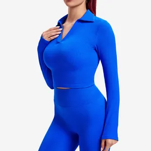 TZ1553 Workout Outfits for Women 2 Piece Ribbed Yoga Long Sleeve Tops High Waist Leggings Exercise Set for Winter Athletic Wear