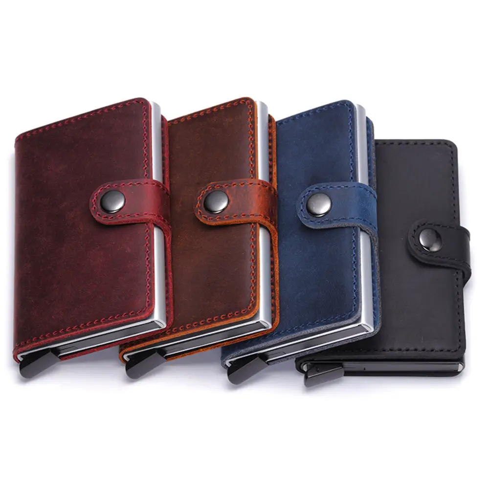 Wholesale RFID Blocking Automatic Aluminium Pop Up Credit Card Real Genuine Leather Business Card Holder Wallet