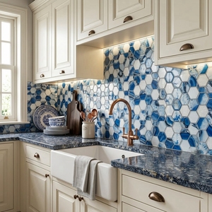 <span class=keywords><strong>Mosaico</strong></span> in Vetro Lucido a Forma di Esagono Blu e Bianco per Decorazione d'Interni, Villa, Casa, Hotel - Product Image 5